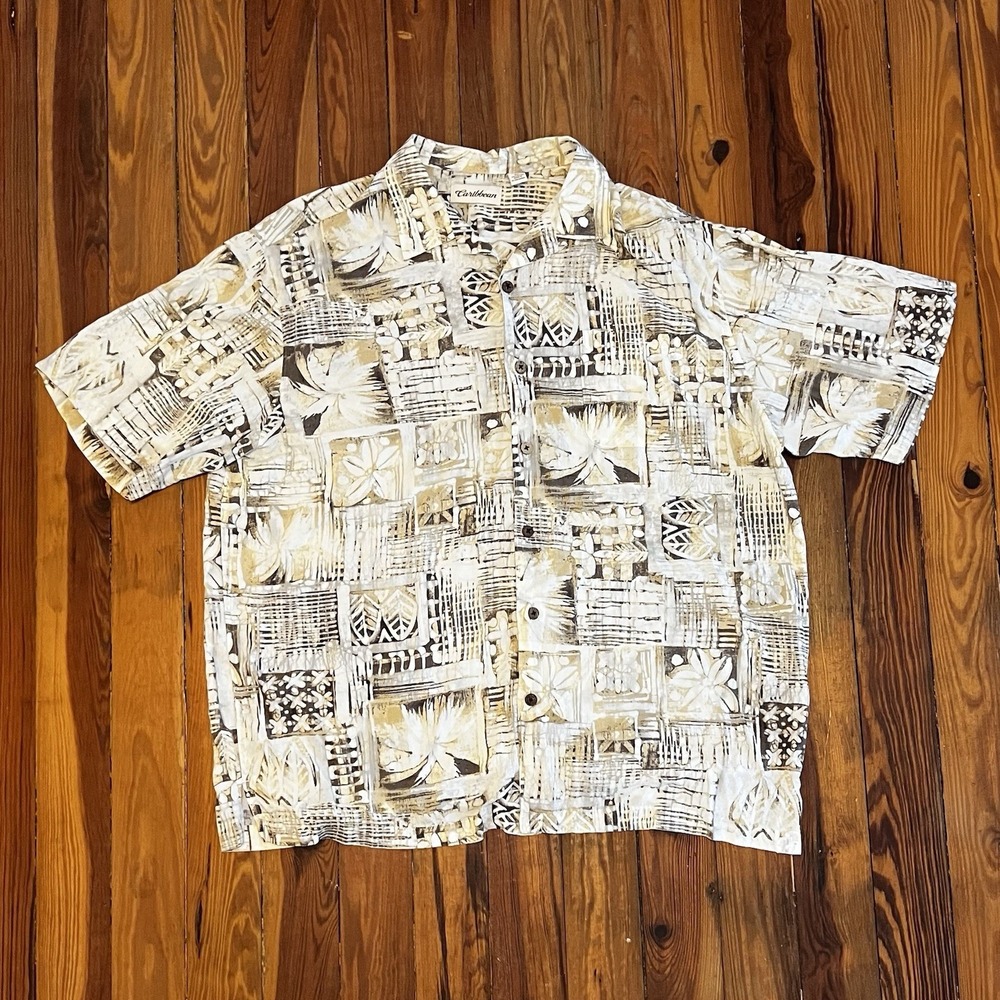 Caribbean Hawaiian Shirt XL Beige Brown Abstract‎ Print Short Sleeve Button-Up